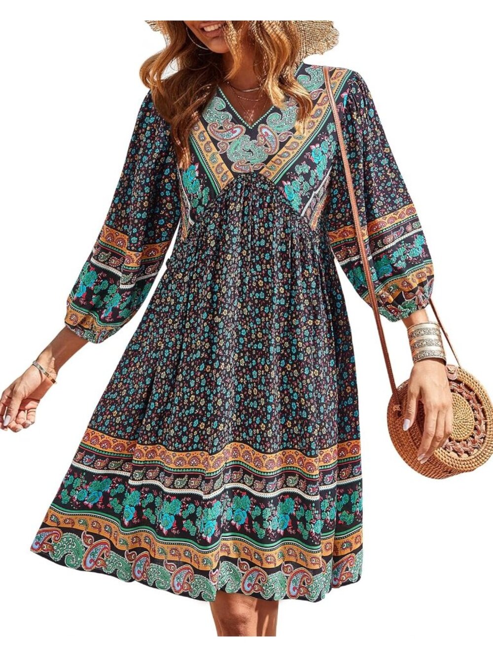 Women's Floral Black 3/4 Long Sleeve V Neck Casual Baby Doll Mini Short Dress